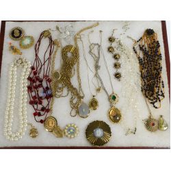 Group of Costume Jewelry including Necklaces & Cameos in Display Case