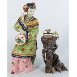Oriental Lady Holding Fan Figurine With Ceramic Birds on Tree Stump