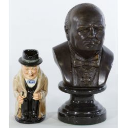 Churchill Cast Bronze Bust with Royal Doulton Churchill Full Body Toby Mug