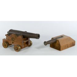 Toy Bronze Cannon on Rolling Caisson with Toy Bronze Cannon on Block
