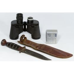 WW II Binoculars, Navy Metal Cigarette Case and Sheathed Hunting Knife