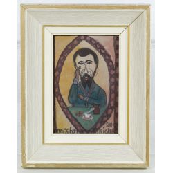 Nikifor Krynicki (Poland, 1895-1968) "Man Having Tea" Framed Watercolor on Paper