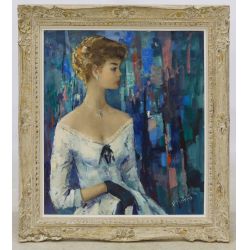 Peter Morro (Germany, 1925 - 1972) "Lady in White" Framed Oil on Canvas