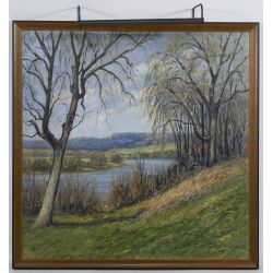Charles Orville Engel (American, 20th Century) "Willows by the River" Oil on Canvas