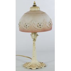 Cast Metal Floral Base Table Lamp with Original Satin Finish Custard Glass Shade