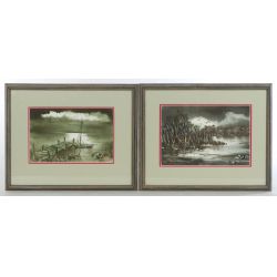 Enid Petersen (American, 20th C.) "The Dock At Night" and "Night On The River" Watercolors