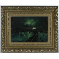 Walter Meegan (British, 1859-1944) "Boats on a Moonlit River" Oil on Canvas