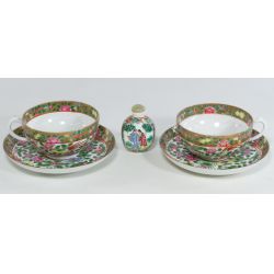 Hand Painted Chinese Cups and Saucers with Hand Painted Snuff Bottle