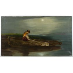Unknown Artist (19th/20th Century) "Girl in Wooden Boat" Oil on Canvas