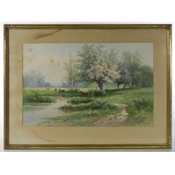 Carl Weler (20th Century) "Cattle in the Pasture" Watercolor on Paper