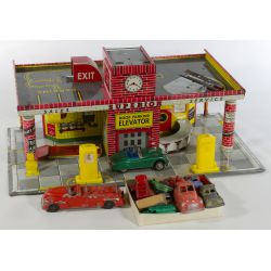 Superior Toy Tin Gas Station and Diner with Other Die Cast Cars and Trucks