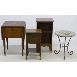 Vintage Walnut Drop Leaf Lamp Table, Smoke Stand, Bookcase and Wrought Iron/Mosaic Tile Stand