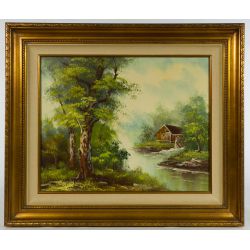 Unknown Artist (20th C.) Landscape with Cabin Mixed Media on Canvas