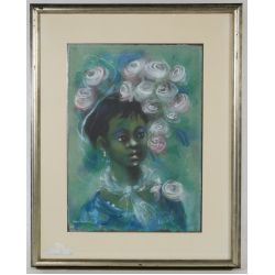 Karl Priebe (American, 1914-1976) "Hat with Artificial Roses (Billie Holiday)" Casein on Paper