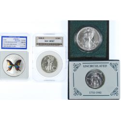 1981 50c George Washington, 1991 Silver Eagle, 2009 China MS-70, 1936-S 50c MS-67 NAC