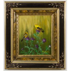 E. Gustaveson (20th Century) "Goldfinch and Thistle" Acrylic on Board
