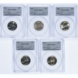 1945 MS-65, 1946 MS-65, 1957 PR-67, 1959 R-66, 1963 PR-68 25c PCGS