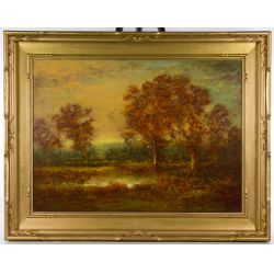 Hudson Mindell Kitchell (American, 1862-1944) "Forest Scene at Evening" Oil on Canvas