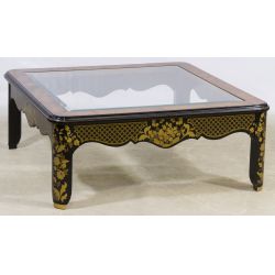 Asian Style Gold Gilt, Black Lacquer and Burled Wood Coffee Table