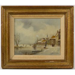 Van Der Velden (Dutch, 20th Century) "Winter Village" Oil on Board