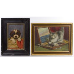 Gerta Russell "Cat in the Paint" and Wittenburg "Saint Bernard Puppy" Oil Paintings