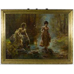 Hans Zatzka (Austrian, 1859-1945) "Females in Forest" Oil on Canvas