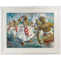 Victor Trip (European, 1913-1975) "Kandyan Dancers" Oil on Canvas