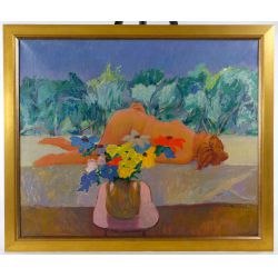 August Mosca (American, 1909-2002) "Nude on a Ledge" Oil on Canvas