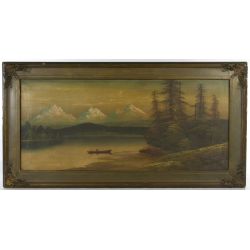 Unknown Artist (American, 20th Century) "Canoe on the Lake" Oil on Canvas