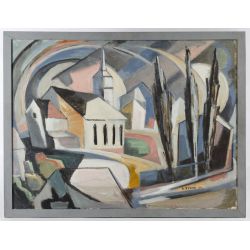 David Syrop (American, 20th Century) "Cubist Church" Oil on Canvas