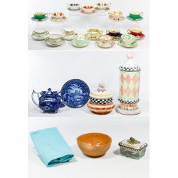 MacKenzie Child, Tiffany & Co, English Teapot, Cup and Saucer Assortment