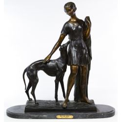 (After) Ignacio Gallo (Spanish, 20th Century) "Deco Girl with Dog" Bronze Statue