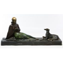 (After) Dimitri Haralamb Chiparus (French, 1886-1947) "Seated Girl With Dog" Bronze Statue