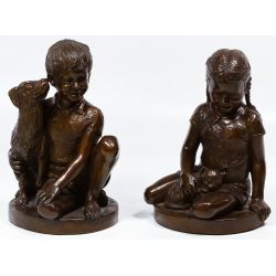 Charles Parks Franklin Mint "Girl with Cat" and "Boy with Dog" Bronze Figurines