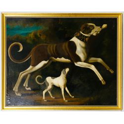William Skilling (American, 1862-1964) "Whippets" Oil on Canvas Board
