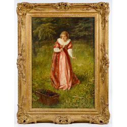 Alfred W Bayes (English, 1831-1909) "Girl With Picnic Hamper" Oil on Canvas