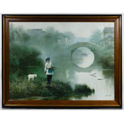 Pan Honghai (Chinese, b.1942) "Shepherdess in a Morning Mist" Oil on Canvas