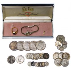 14k Gold Ring, 14k White Gold Wrist Watch and Coin Assortment