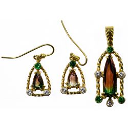 18k / 14k Gold, Watermelon Tourmaline and Diamond Jewelry Suite