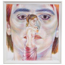 Jody Mussoff (American, b.1952) "Large Face with Blond Statue" Colored Pencil on Paper