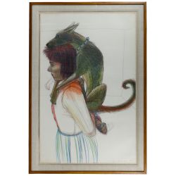 Jody Mussoff (American, b.1952) "Girl Carrying Dog" Colored Pencil on Paper