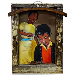 Wayne Manns (American, 20th Century) "Good Hair, Bad Hair" Acrylic and Found Objects on Panel
