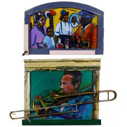 Wayne Manns (American, 20th Century) "Trombone Man" Acrylic and Found Objects on Panel