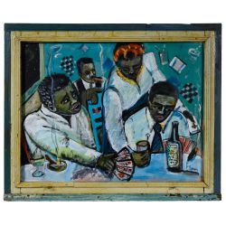 Wayne Manns (American, 20th Century) "Cheatin M... at the Card Table" Acrylic and Found Objects on Panel