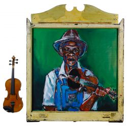 Wayne Manns (American, 20th Century) "Violin Player" Acrylic and Found Objects on Panel