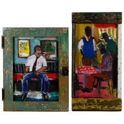 Wayne Manns (American, 20th Century) "The Checker Game" Acrylic and Found Objects on Panel