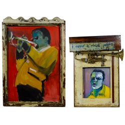Wayne Manns (American, 20th Century) "The Man with the Horn" Acrylic and Found Objects on Panel