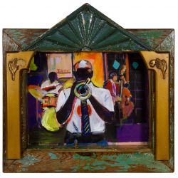 Wayne Manns (American, 20th Century) "Trumpet Player" Acrylic and Found Objects on Panel
