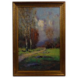 George Drew (American, 1875-1968) "Birches Autumn" Oil and Sand on Panel