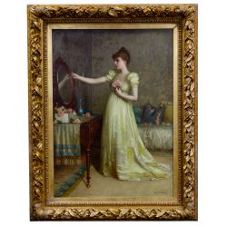 De Scott (David) Evans (American, 1847-1898) "Figure at the Vanity - Finishing Touch" Oil on Canvas